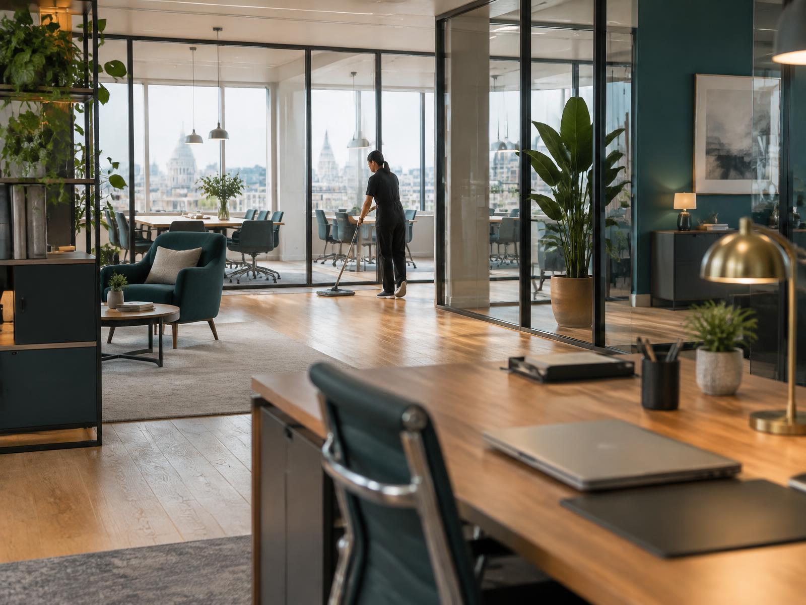 Professional cleaner in a modern London office